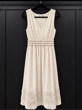 Max Studio Cream and Black Polka Dot Sleeveless Dress with Rosette Hem